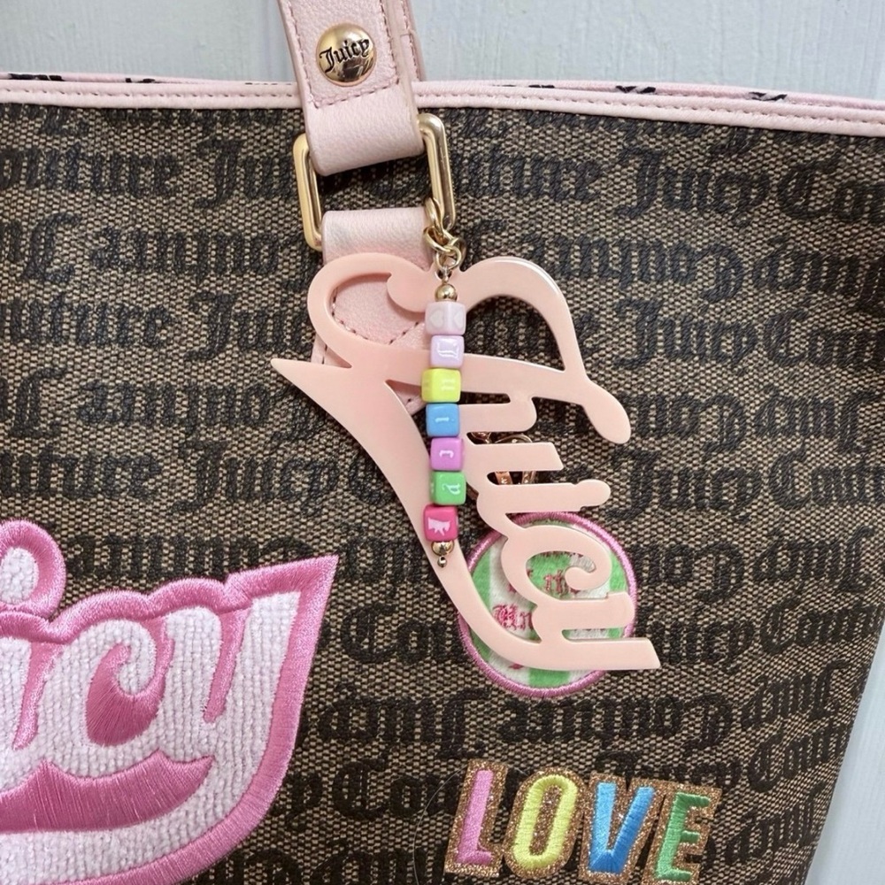 NWT Juicy Couture Juicy Run the World Tote in Taupe/Dk Brown w/ Pink Trim - Picture 3 of 7